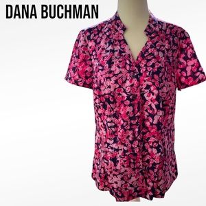 Dana Buchman SHORT SLEEVE FLORAL BUTTON DOWN BLOUSE Small PINK BLUE